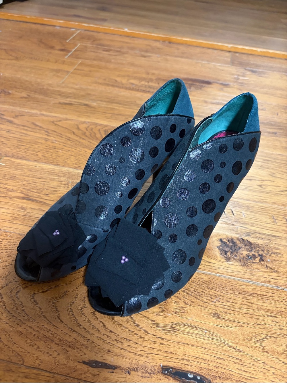 Poetic License Black Polka Dot Peep-Toe Women's Heels with Floral Accent